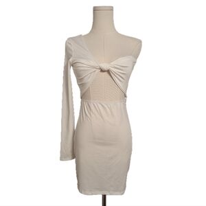 White single sleeve cutout asymmetrical bodycon dress with pretty bow